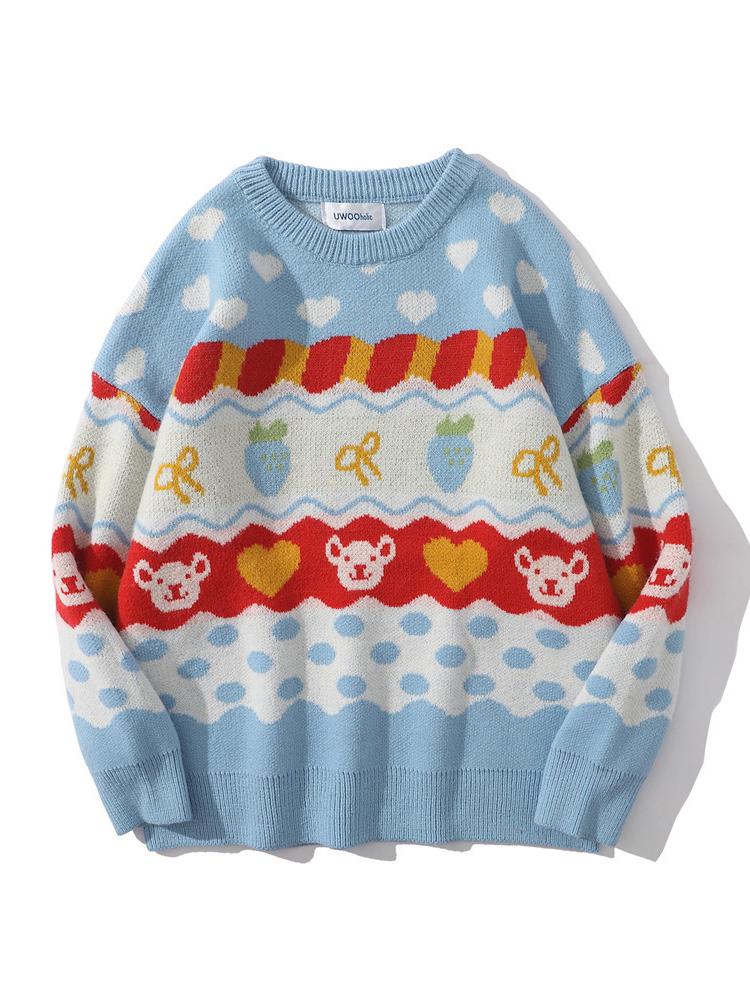 Cartoon Jacquard Matched Color Crewneck Knit Sweater – Childshirt