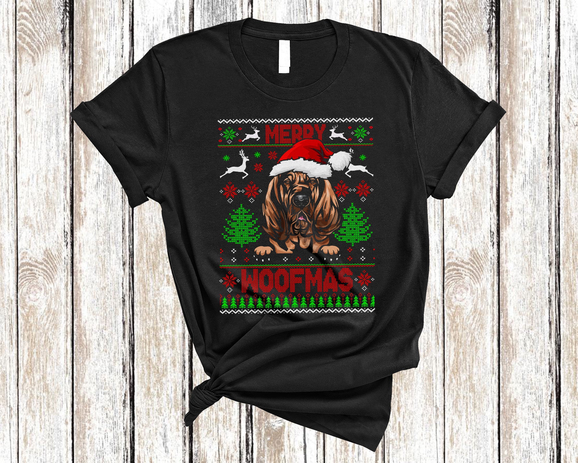 Christmas Dog Shirt Merry Woofmas Funny Ugly Christmas Santa Bloodhound Dog Sweater Gifts T-Shirt