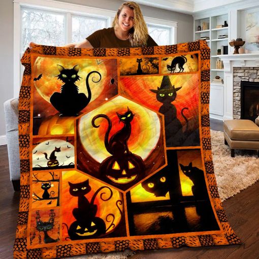 Witch Hat Black Cat With Jack O Lantern Pumpkin Bats Full Moon Halloween Blanket