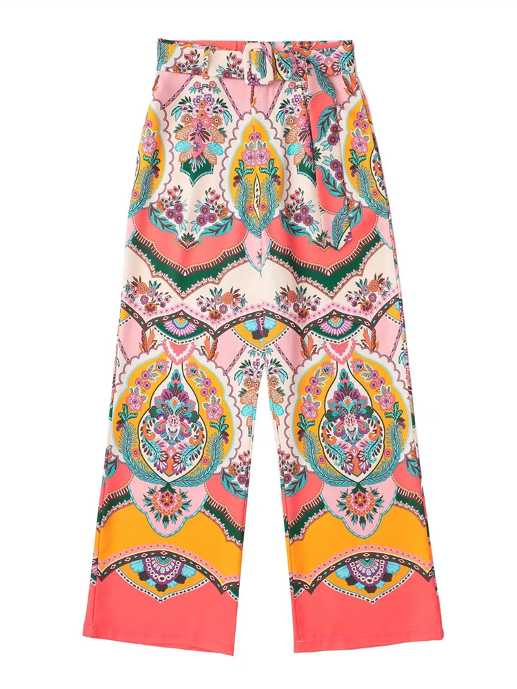 Woman Vintage High Waisted Print Pant 2022 Spring Female National Style Belt Pants Ladies Elegant Print Straight Trousers alx