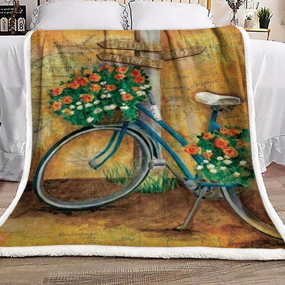 Blue Bike With Flowers Peach Joy Pattern Fleece Blanket, Sherpa Blanket, Gift For Aunt Gift For Parent, Family Member, Friends Gift, Christmas Gift, Home Decor, Home Living