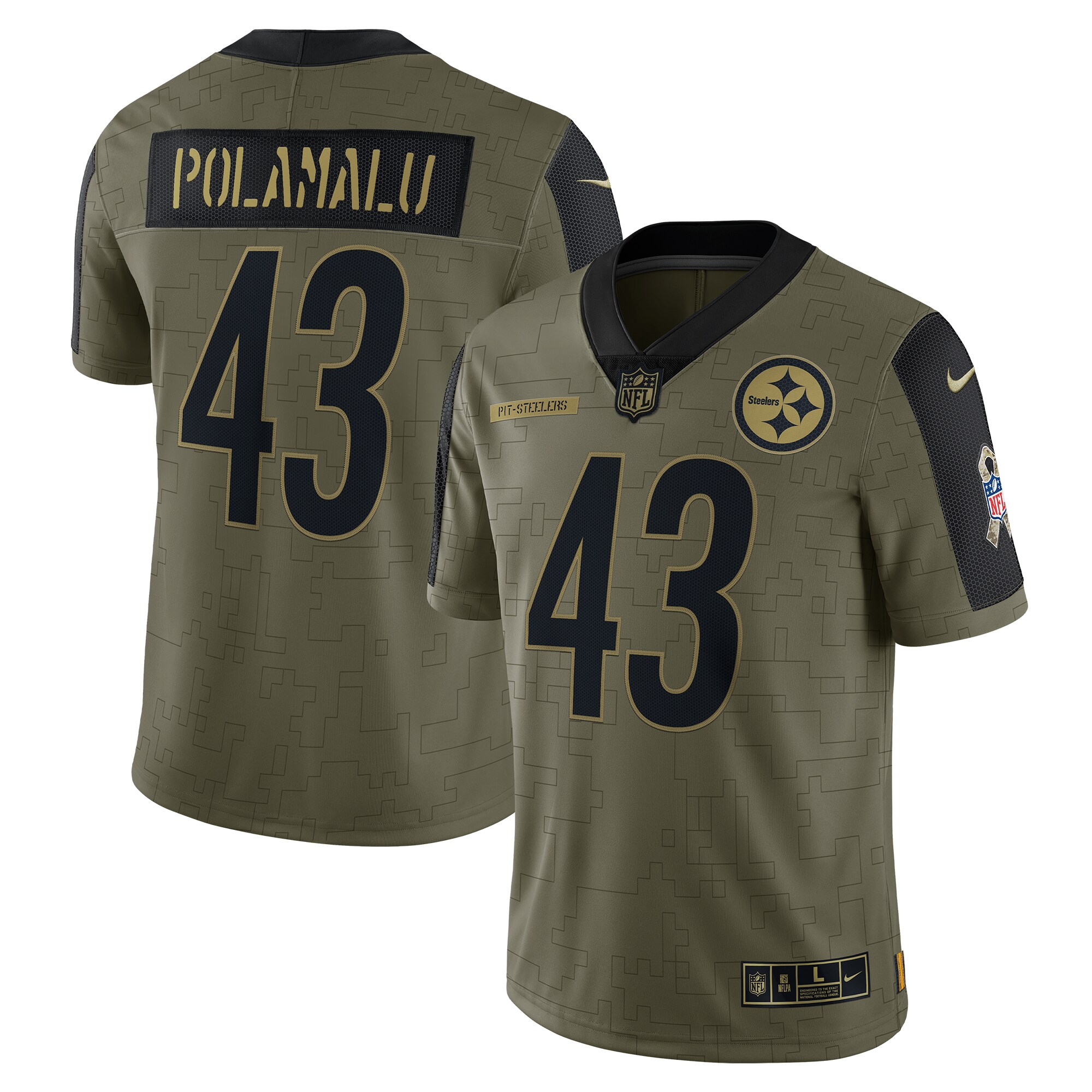 Men’s Pittsburgh Steelers Troy Polamalu Olive 2021 Salute To Service Retired Player Limited Jersey