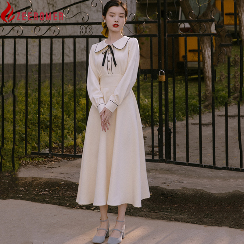 Vintage Gentle French Literary Apricot Dress Women 2022 New Elegant College Long Sleeve Doll Collar Bow Long Evening Party Dress alx