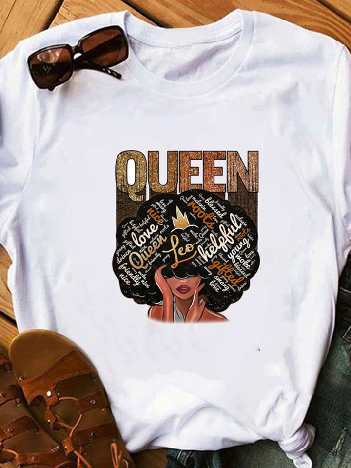 Black Queen Girl Letters Print Feminism 2D T-shirt