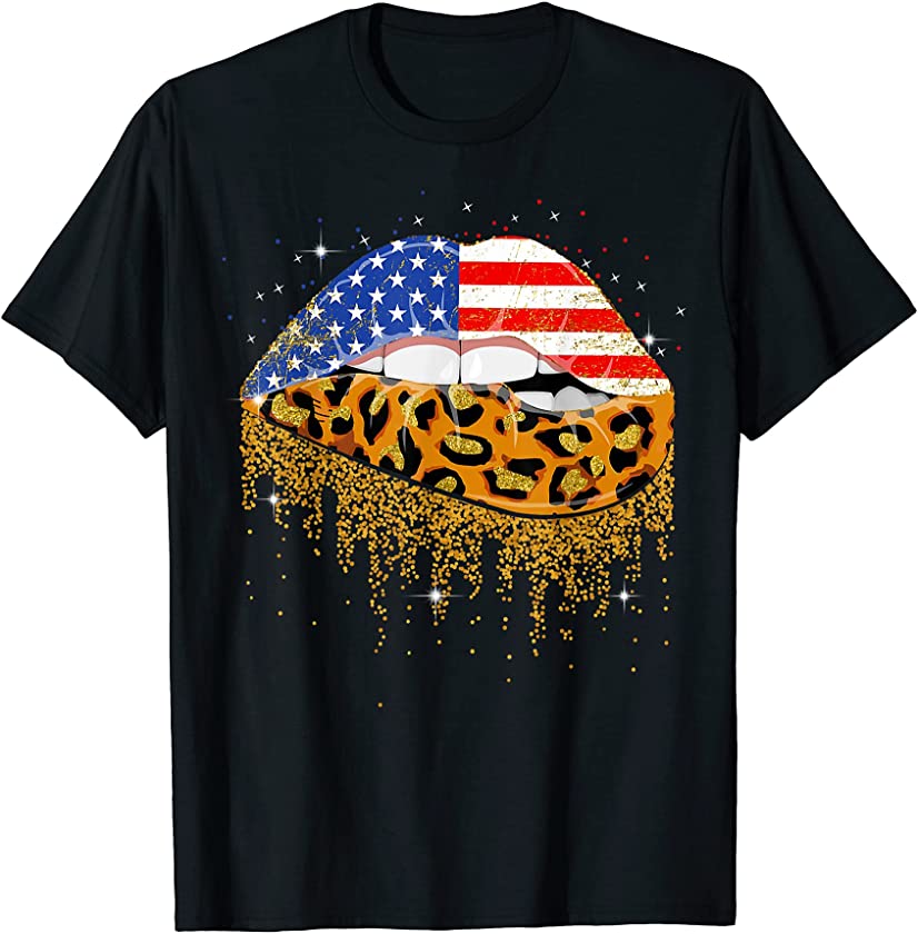 Women American Flag Leopard Lips 4th Of July USA Mouth T-Shirt