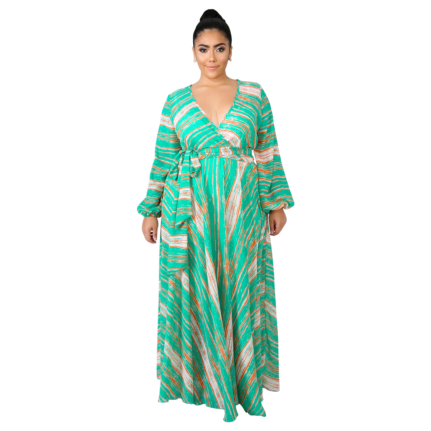 XURU Women’s Beach Chiffon Print Long Dress V-neck Long Sleeve Loose Skinny Dress Bohemian Casual Large Size Dress S-3XL-5XL alx