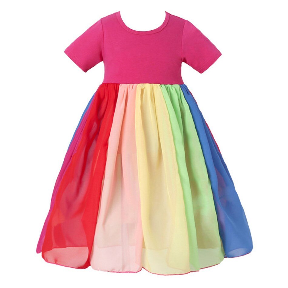 1 2 3 4 5 6 7 8 Years Rainbow Girl Summer Dress Kids Colorful Swing Flared Dresses Children Birthday Party Pink Clothes for Kids alx