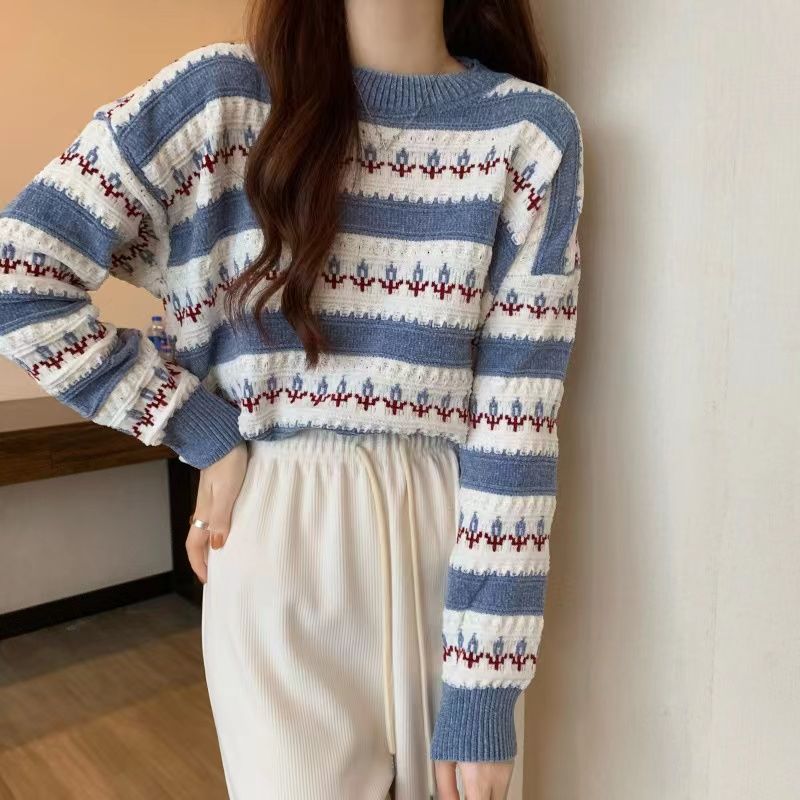 Striped Knit Sweaters Round Neck Pullover Shirt Student Korean Style Sweet Flowers Outerwear Tops Female Loose Versatile Jumper alx