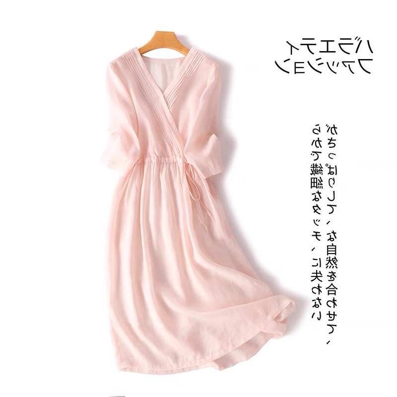 2022 New V-neck Folds Thin Soft Loose Cozy Fashion Pink Summer Dress Draw String Office Lady Work Dress Women Casual Midi Dress alx