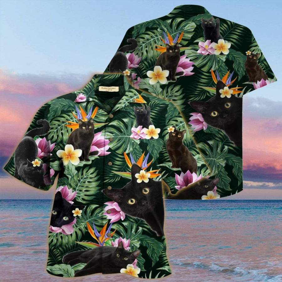 So Cute Black Cat Tropical Hawaii Shirts Ha44626