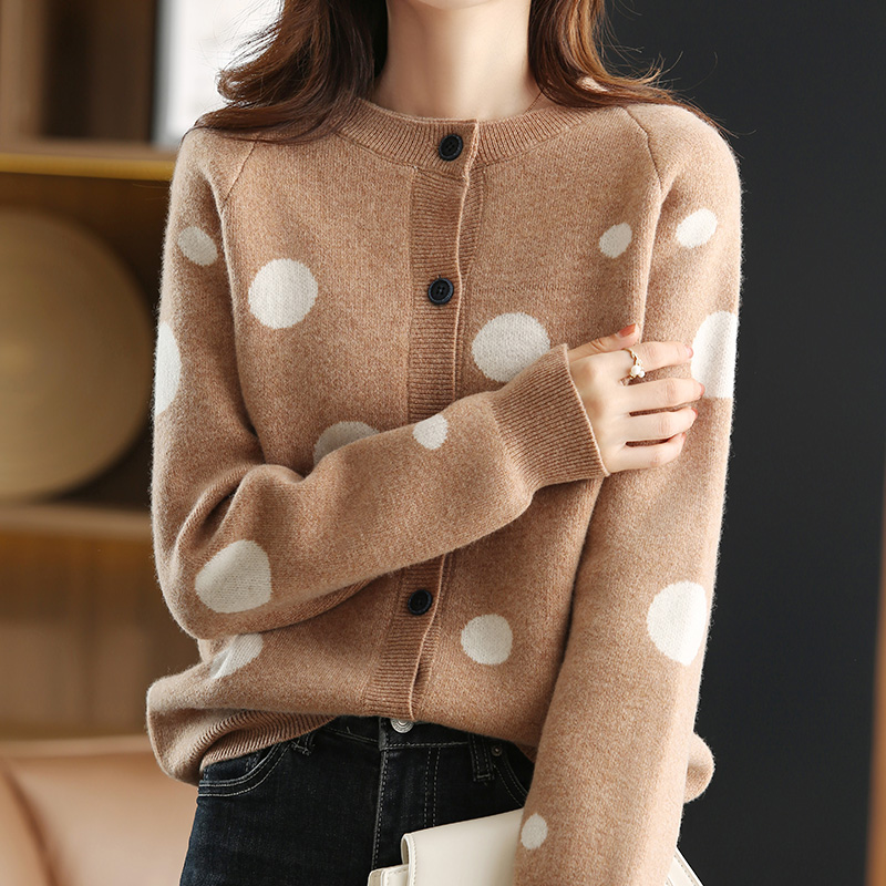 100 % Wool Autumn And Winter New Round-Neck Cardigan Lady Long Sleeve Wave Point Loose Knitting Coat Sweater Casual Sweater alx