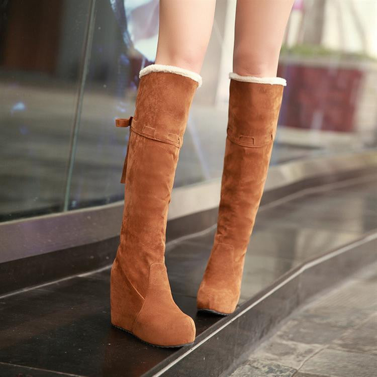 Warm Faux Suede Fur Wedges Knee High Boots Women Shoes 5625