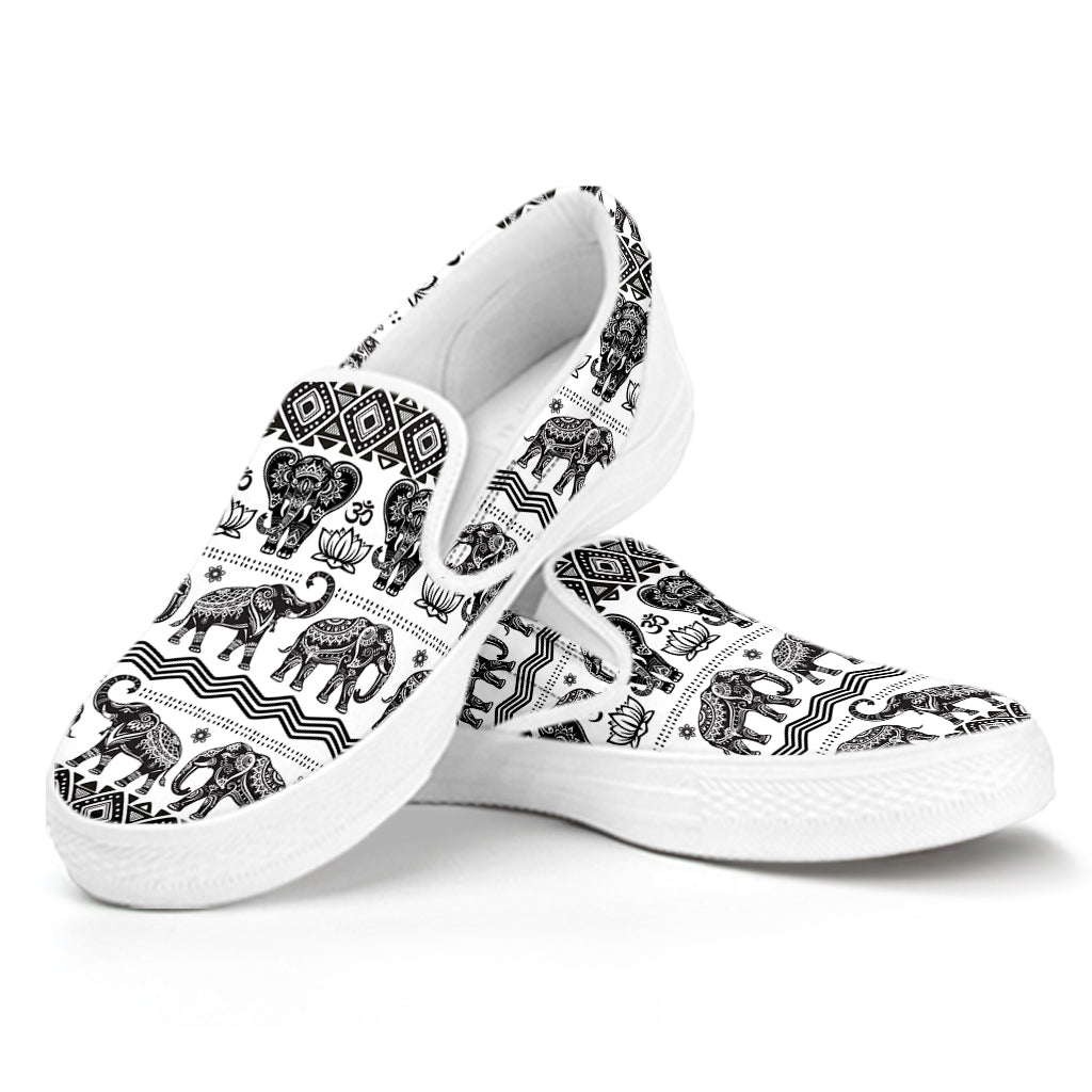 White And Black Indian Elephant Print White Slip On Shoes