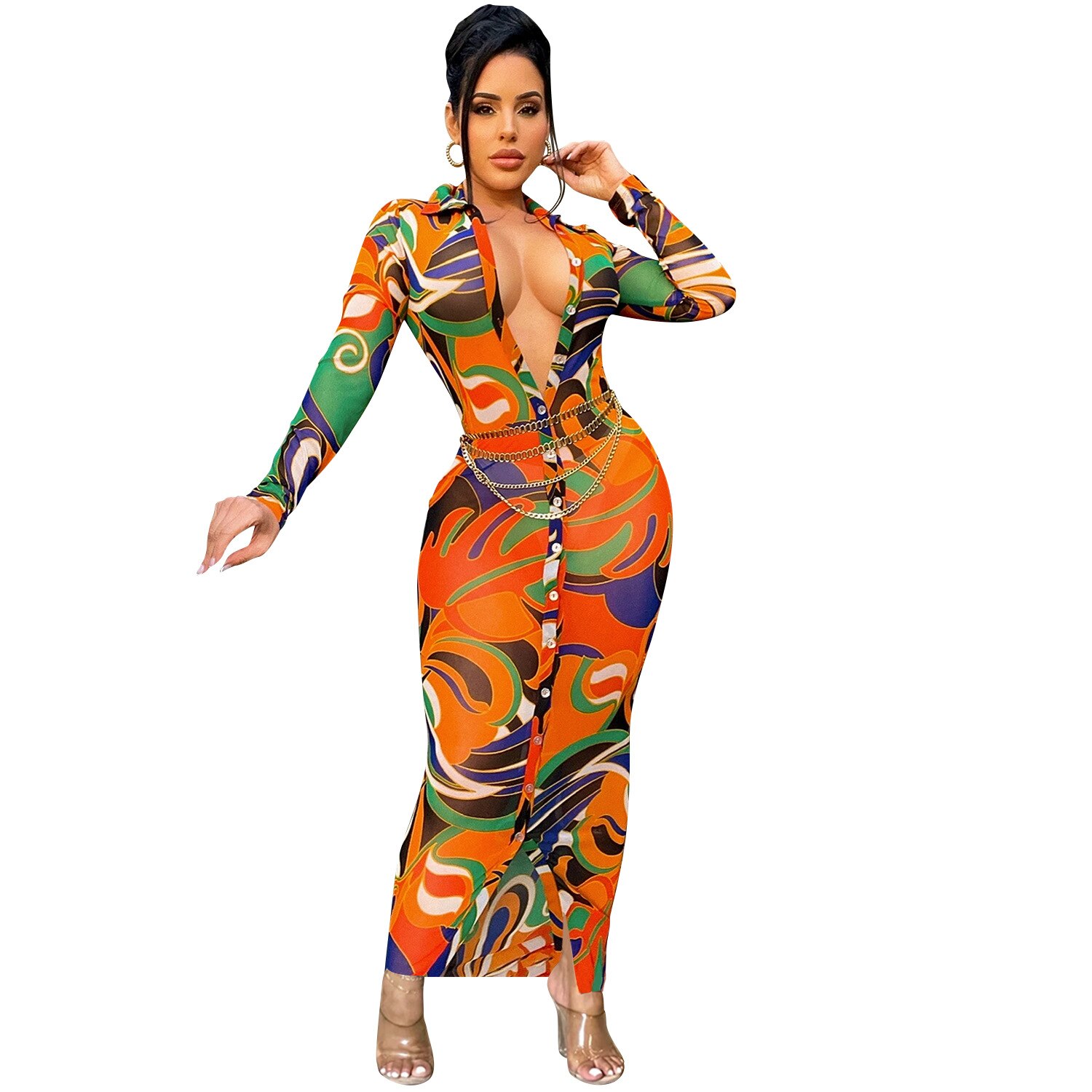 ANJAMANOR Fashion Print Mesh Sheer Bodycon Dresses for Women 2022 Fall Sexy Nightclub Button Up Long Sleeve Maxi Dress D42-DA31 alx