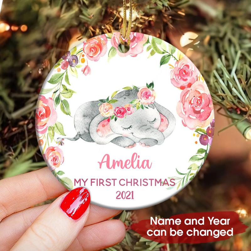 Baby Gift First Christmas Personalized Elephant Circle Ornament (2 Sided), Custom Name Gift For Christmas