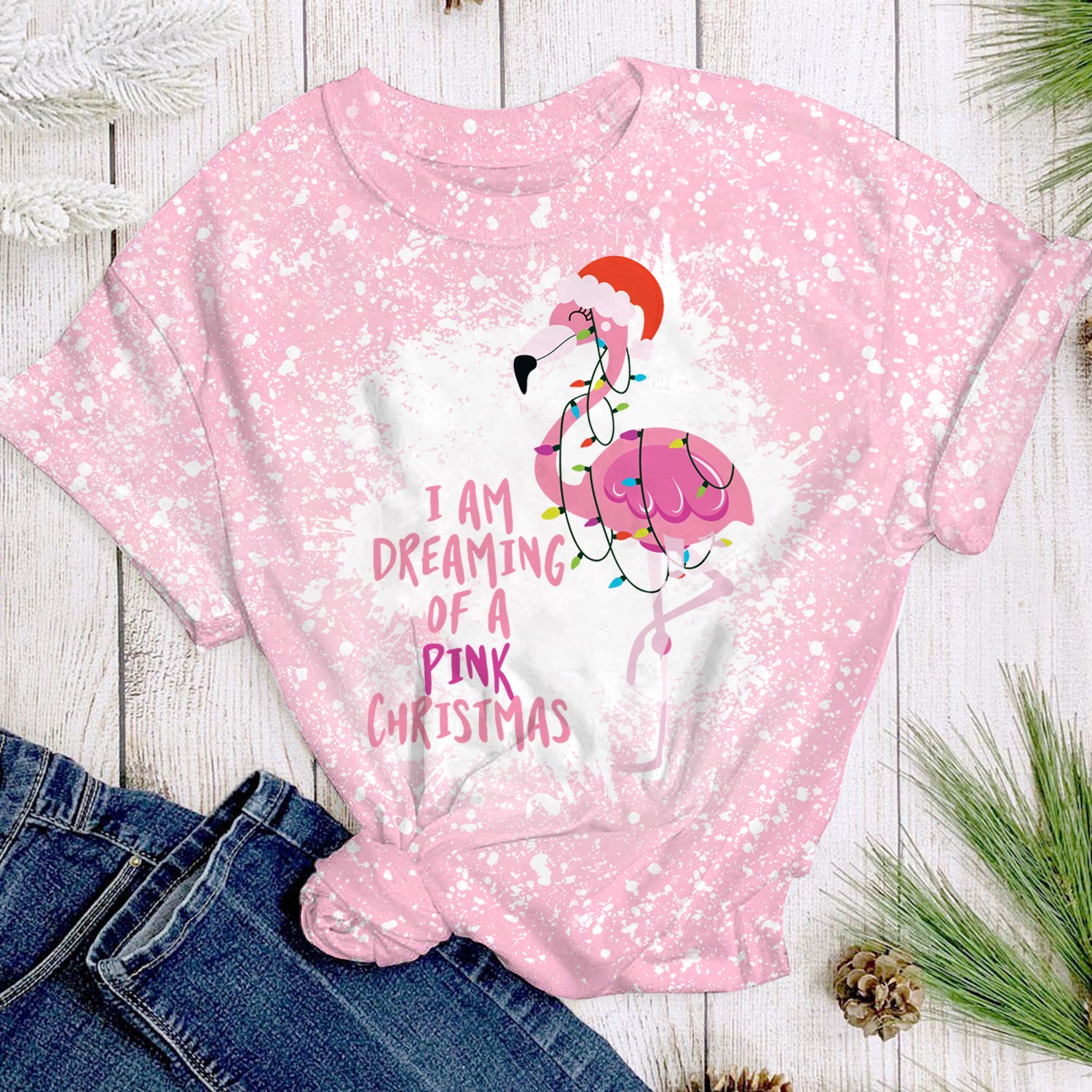 I Am Dreaming Of A Pink Christmas Flamingo Bleached Shirt, Christmas Gift For Flamingo Lovers