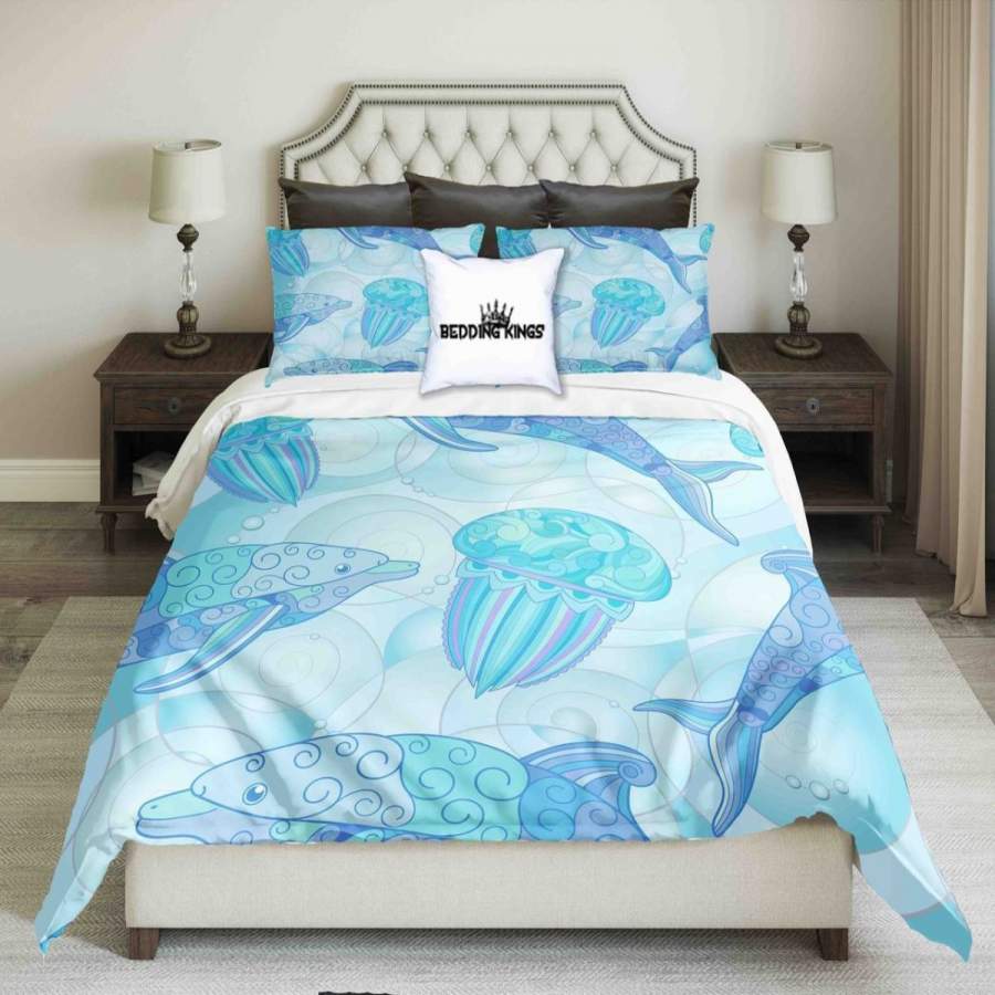 Dolphins & Jellyfish Bluish Design| Kings 3D Customize Bedding Set Duvet Cover SetBedroom Set Bedlinen