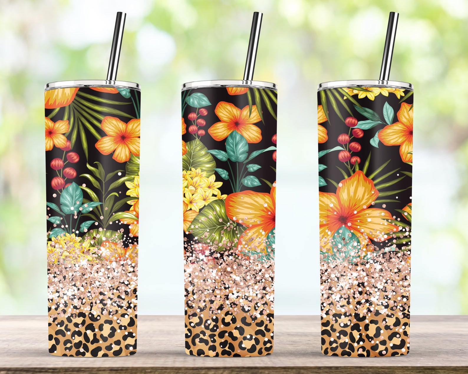 Tropical Flower Leopard Glitter 20Oz Skinny Tumbler