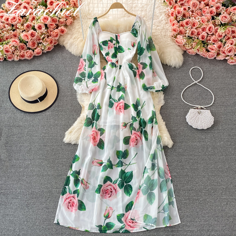 Autumn Summer Flower Maxi Dress Women Lantern Sleeve Strapless Padded Cup Floral Rose Printed High Split Long Chiffon Vestidos alx