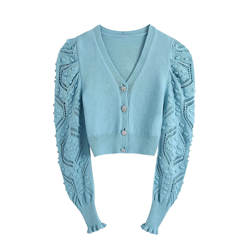 2021 New Women Fashion Gem Buttons Cropped Knitted Cardigan Sweater Vintage Long Sleeve Pompoms Female Outerwear Chic Tops alx