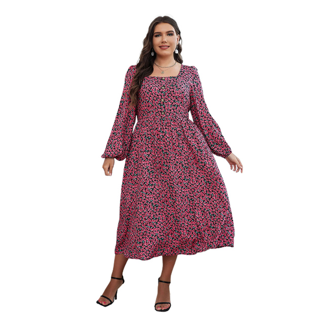 2022 New Spring Plus Size Women Autumn Casual Print Square Collar Long Sleeve Elegant Long Square Neck Large Print Dress XL-4XL alx