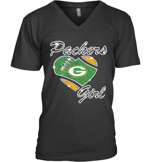 Diamond Heart Green Bay Packers Girl V-Neck T-Shirt