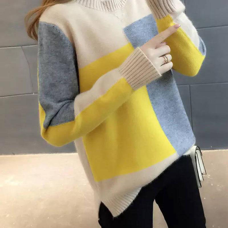 Color Blocked Sweater Women’s Loose Bottomed Sweater Long Sleeve Round Neck Pullover Autumn and Winter Casual Dropshipping alx