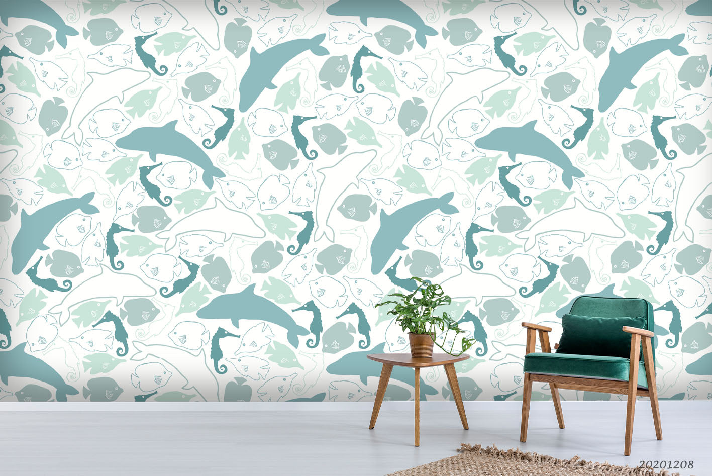 3D Hand Drawn Ocean Dolphin Hippocampus Pattern Wall Mural Wallpaper Lxl