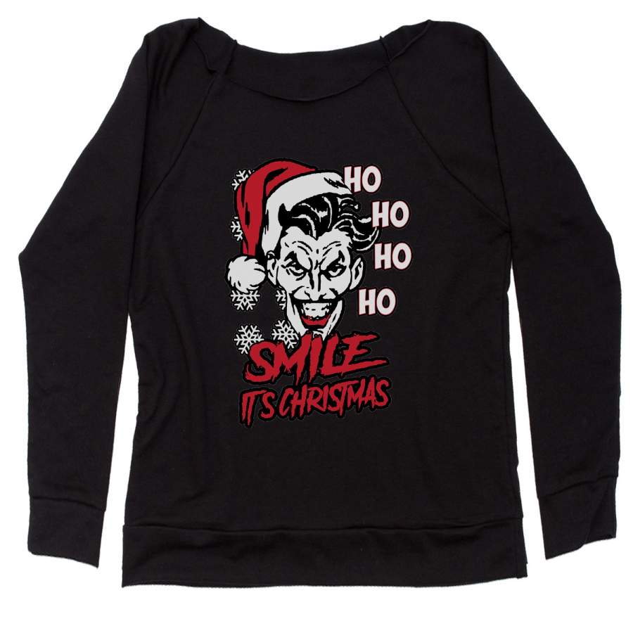 Smile It’s Christmas Joker Ugly Christmas Slouchy Off Shoulder Oversized Sweatshirt