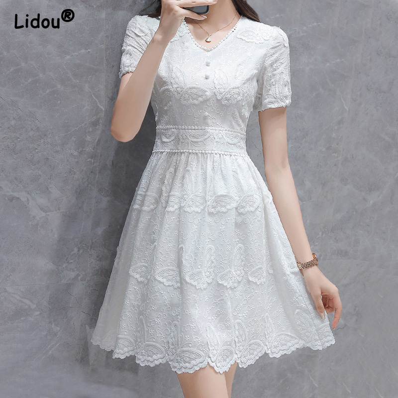 Women White Solid Color V-neck Short Sleeve Summer A-LINE Skirt Elegant Fashion Elastic Waist Embroidery Retro Clothing Female alx