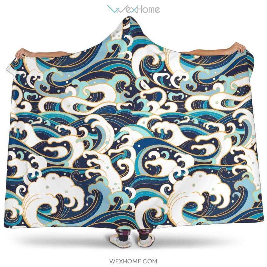 Japanese Wave Pattern Hooded Blanket