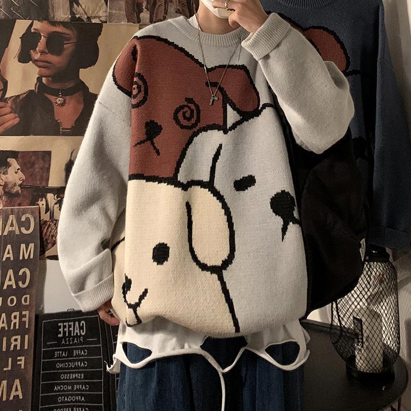 Cartoon Sweaters For Men Crewneck Korean Fashion Pullover Fashion O-neck Autumn Winter Thick Warm Hip Hop Knitted Sweaters Men alx