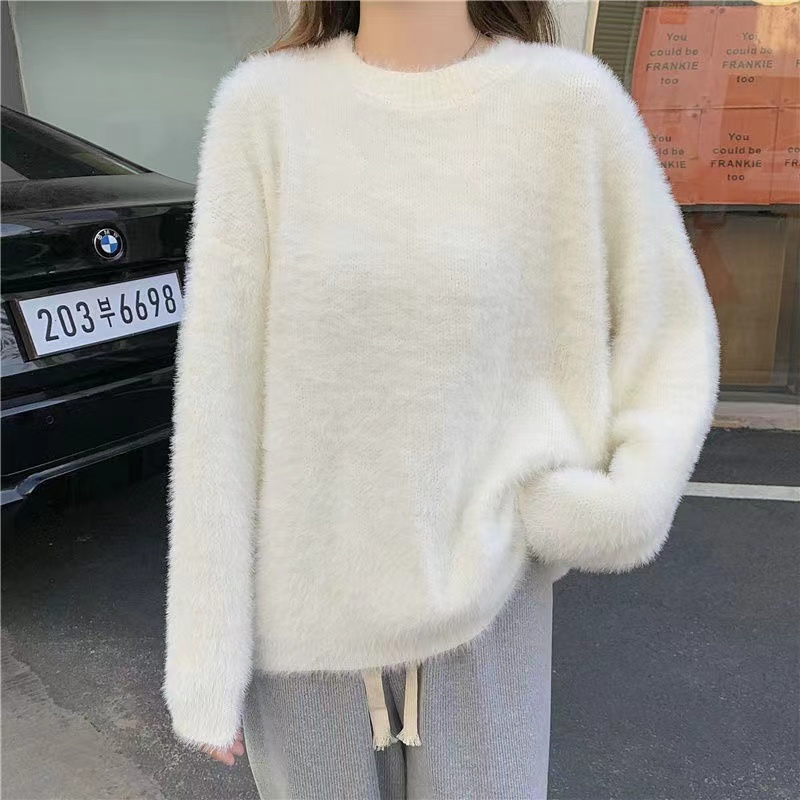 Vintage imitation mink fleece sweater women autumn and winter lazy style trendy round neck sweater skull jacquard furry pullover alx