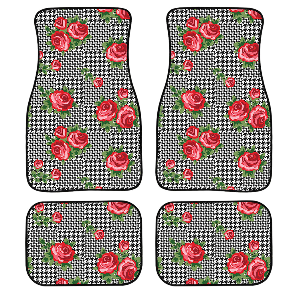 Red Roses Houndstooth Pattern Print Front And Back Car Floor Mats, Front Car Mat