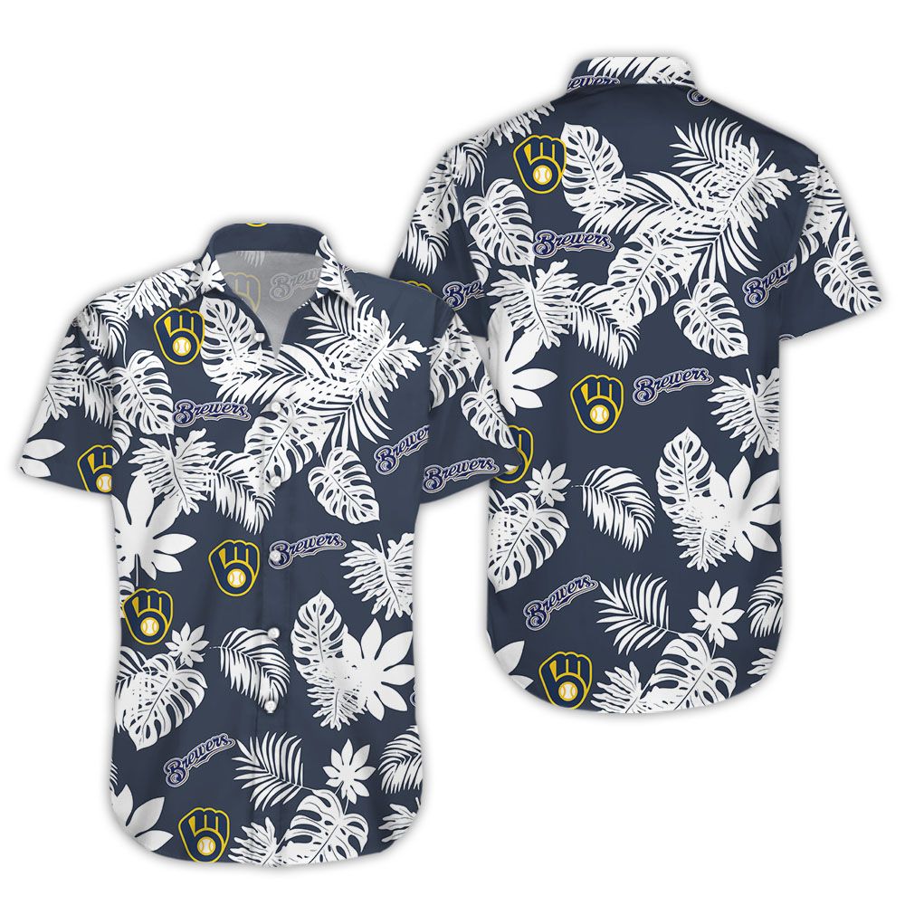 Unifinz Milwaukee Brewers Hawaiian Shirt Brewers Name Tropical Palm Leaves Black Hawaii Shirt Milwaukee Brewers Aloha Shirt 2022