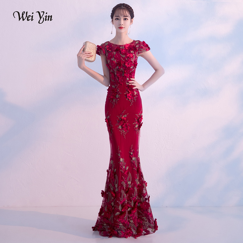 wei yin AE0388 Luxury Flower Wine Red Mermaid Evening Dresses 2020 Elegant Modest O-neck Women Long Formal Dresses alx