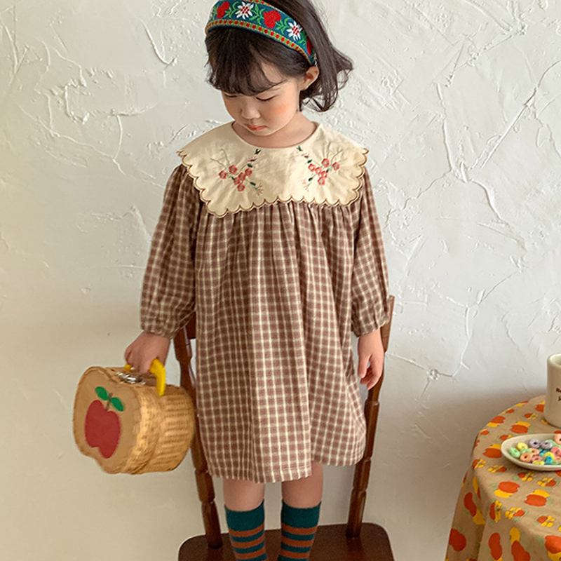 2021 Spring And Autumn Retro Plaid Dress Korean Style New Cotton Lapel Children Clothing Embroidered Flower Baby Kids Girl Dress alx