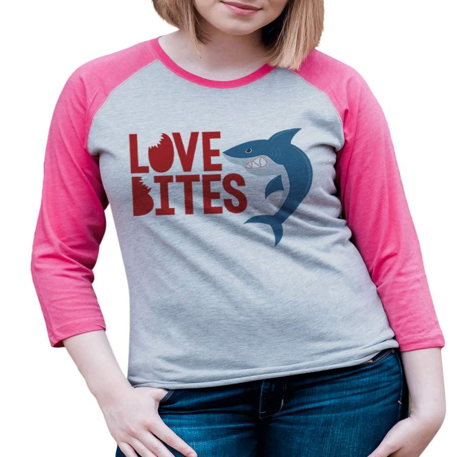 7 ate 9 Apparel Women’s Love Bites Shark Valentine’s Day Pink Raglan Shirt