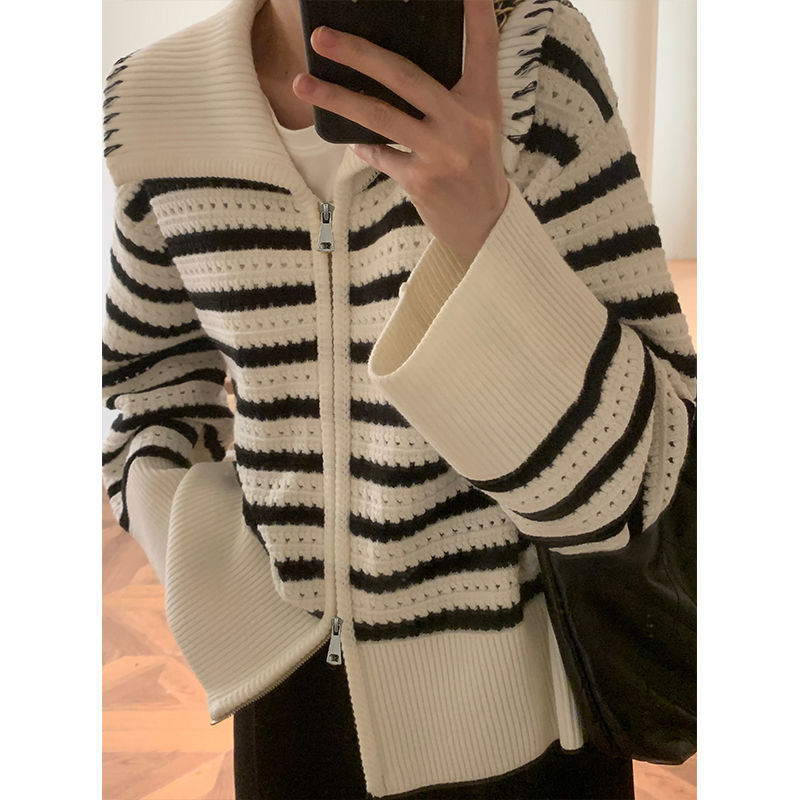 Striped Cardigan Sweater Women’s Outer Wear Loose Lazy Style 2022 New Autumn Winter Design Casual Jacket Top alx