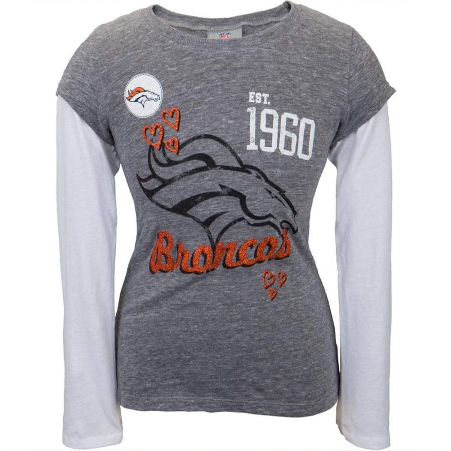 Denver Broncos – Glitter Hearts Girls Youth 2Fer Long Sleeve T-Shirt