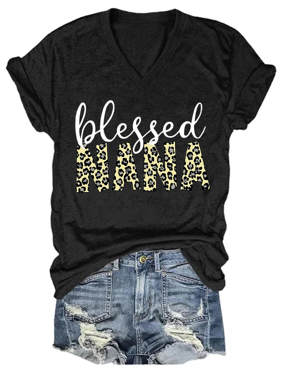 Women’S Blessed Nana Leopard Print V-Neck T-Shirt