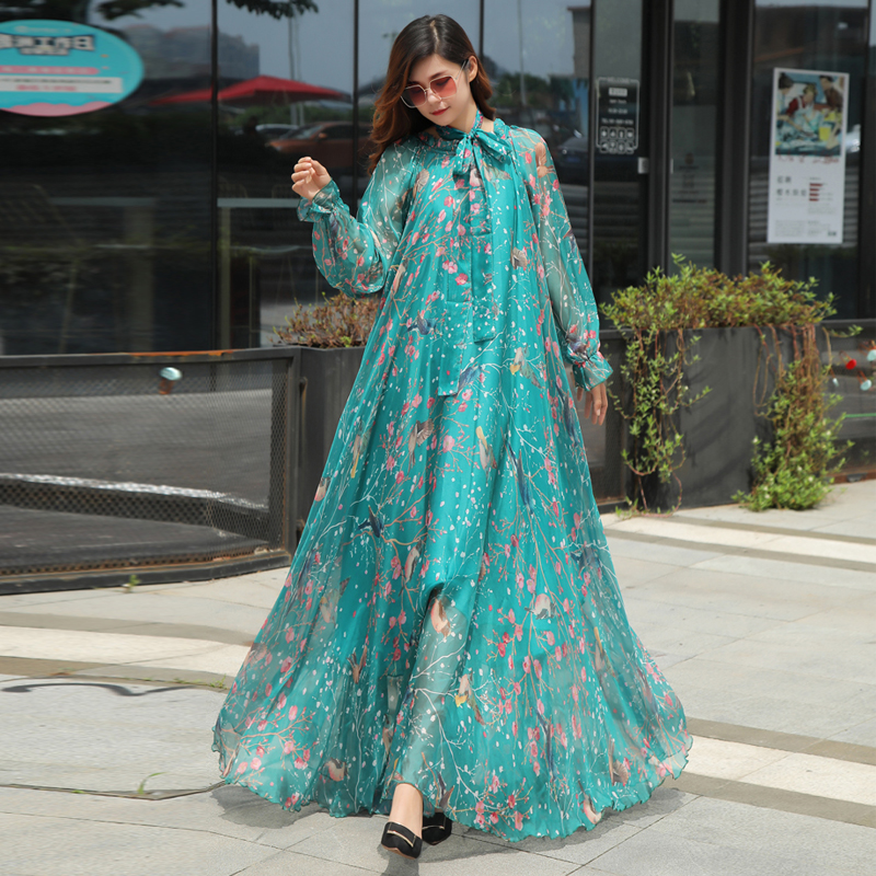 2022 New arrives Long Sleeve Floral Print Dress Boho Dresses Plus Size Women Beach Party Garden Maxi Dress vestidos Robe alx