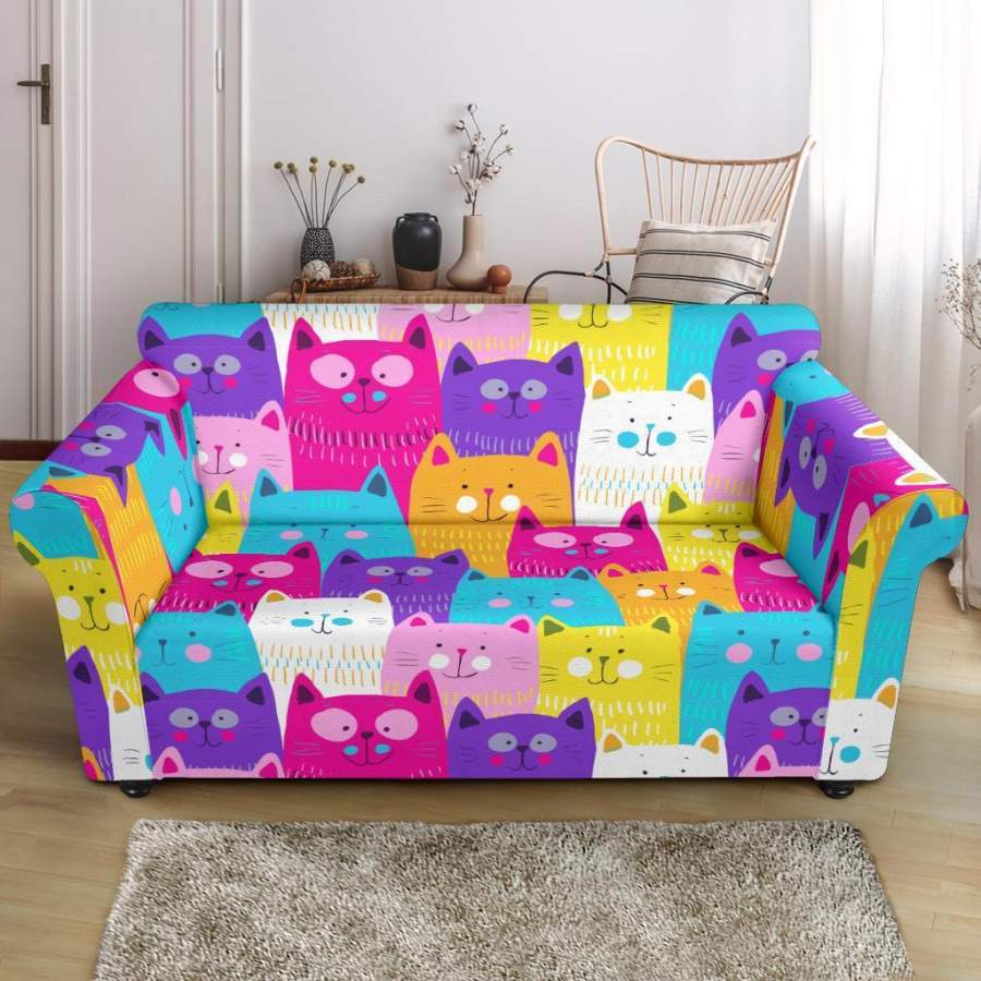 Colorful Kitten Cat Pattern Print Loveseat Cover