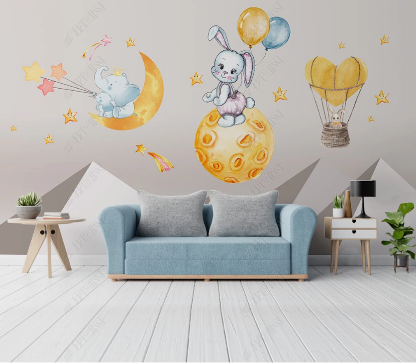 3D Cartoon Rabbit Hot Air Balloon Planet Wall Mural Wallpaper Lqh 38