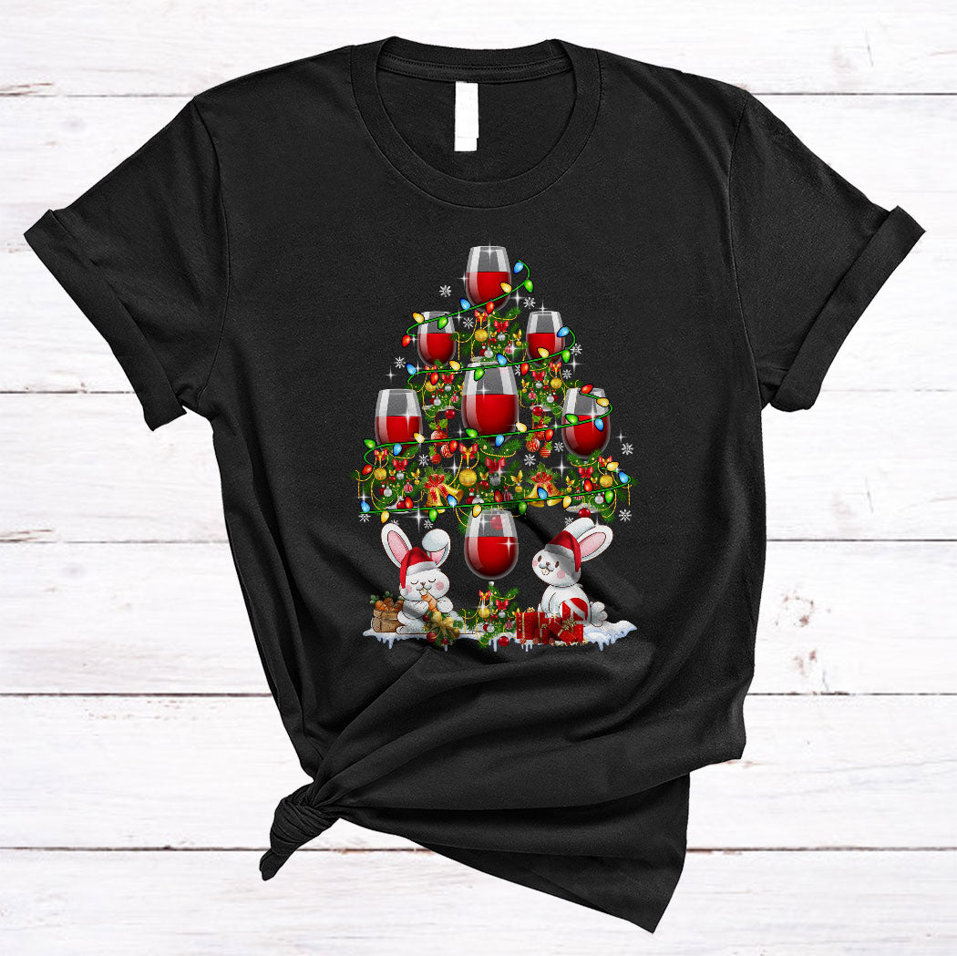 Santa Bunny And Wine Glasses Christmas Tree Funny Xmas Lights Drinking Bunny Lover Gifts T-Shirt