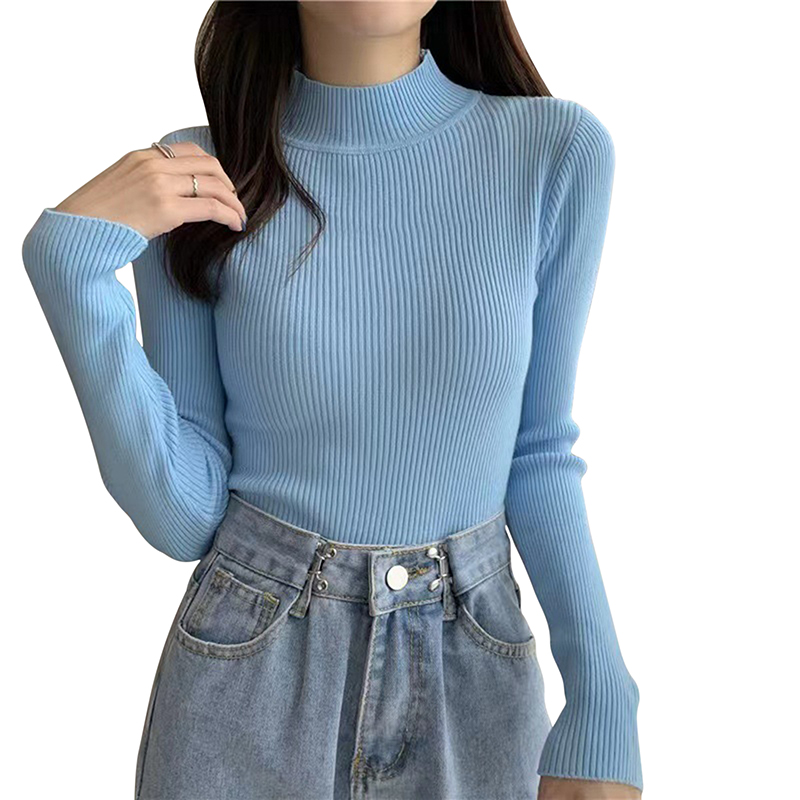 Women Half High Collar Long Sleeve Knitted Pullover Winter Casual Slimming Basic Sweater Fashion Solid Bottom Shirt Stripe Tops alx