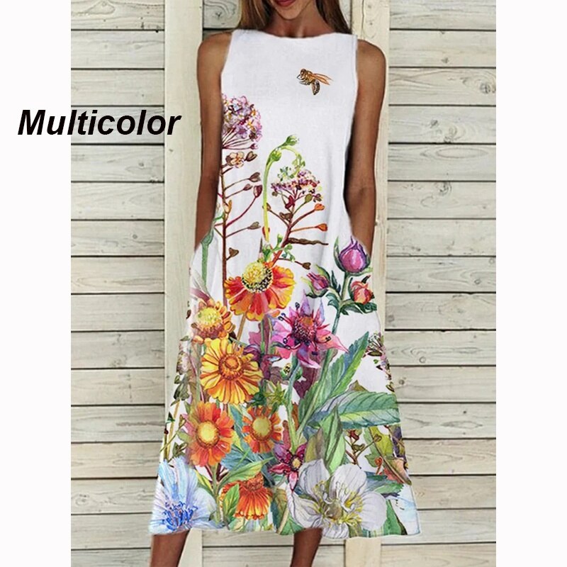 2022 Women Summer Fashion Elegant Sleeveless Print A-Line Plus Size Dress Girls Sweet Long Dress Round Neck Casual Party Dresses alx