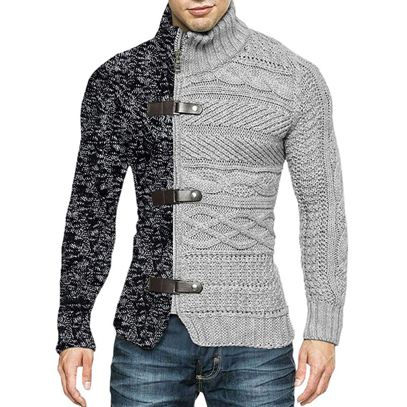 Autumn and Winter New Men’s Fashion Color-blocking Stand-up Collar Knitted Cardigan Long-sleeved Zipper Sweater Jacket alx