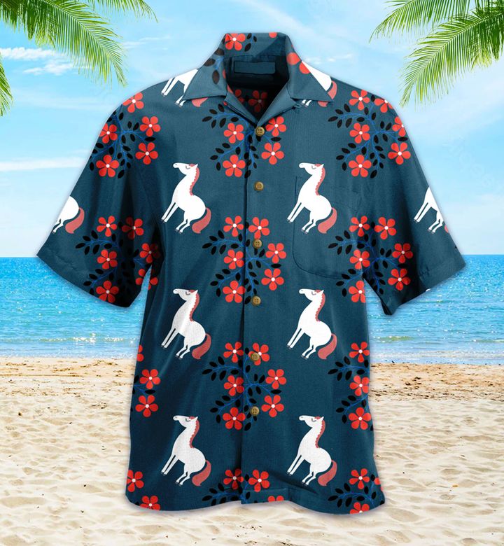 Cute Horse Flowers Blue Hawaii Shirt Ha109230