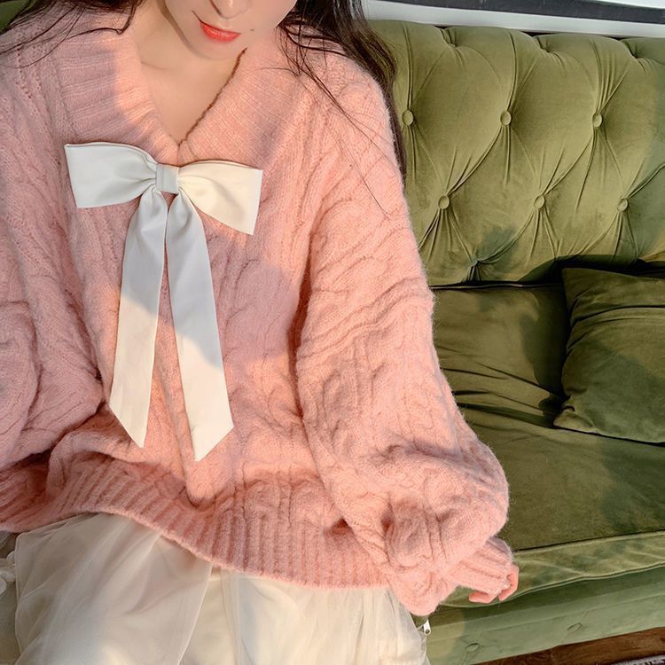 Winter Pink Kawaii Pullover Sweater Women Bow Loose Knitted Sweater Female Casual Korean Fashion Warm Sweet Sweater 2022 New alx